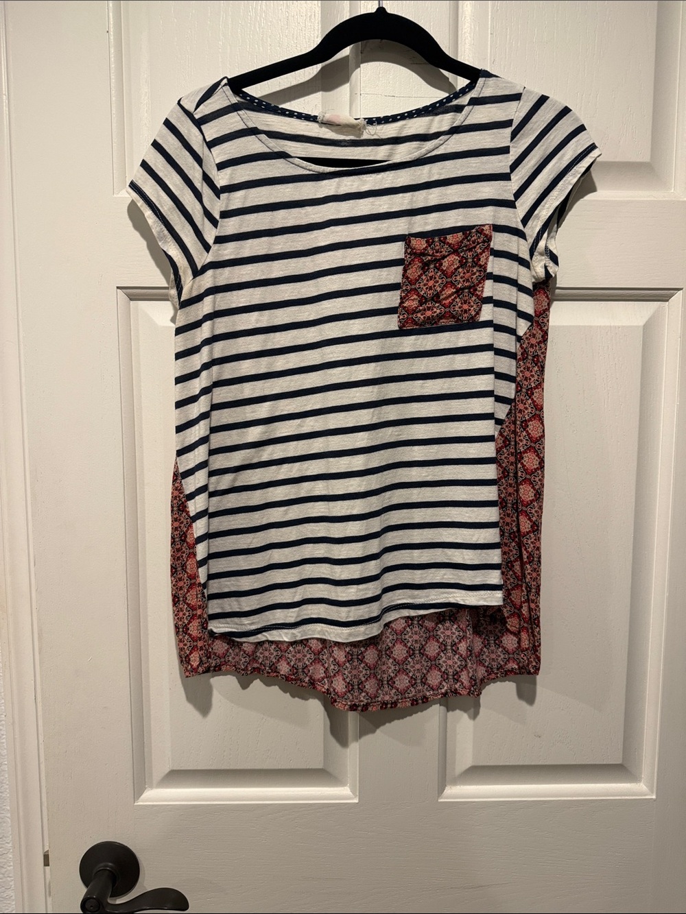 Anthropologie Navy & White Striped Tee with Red Patterned Pocket
